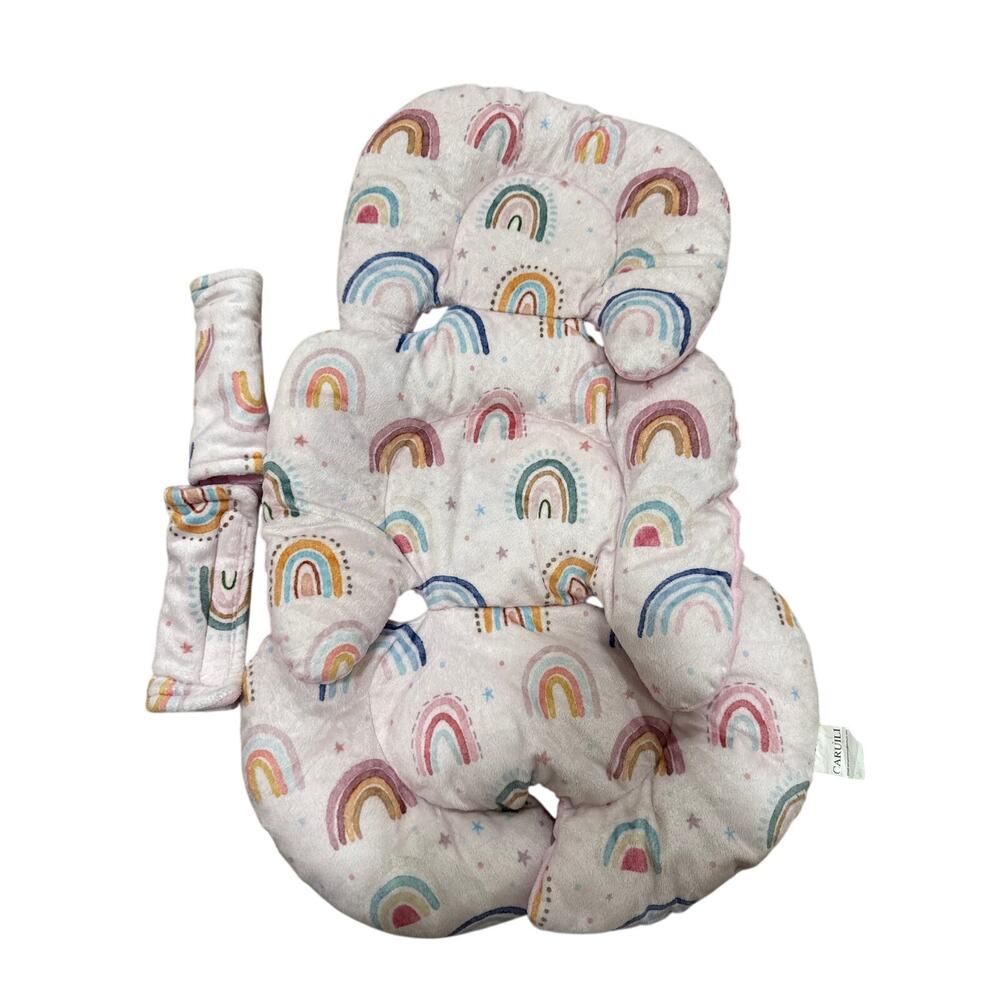 Reversible Infant Car Seat Cover, Pink Minky Dot and Rainbow Print, Strap Pads